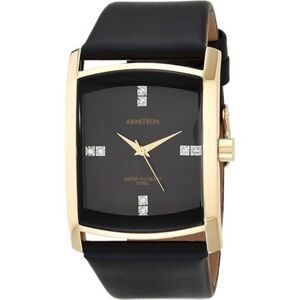 Men's Genuine Crystal Accented Leather Strap Watch Black Gold